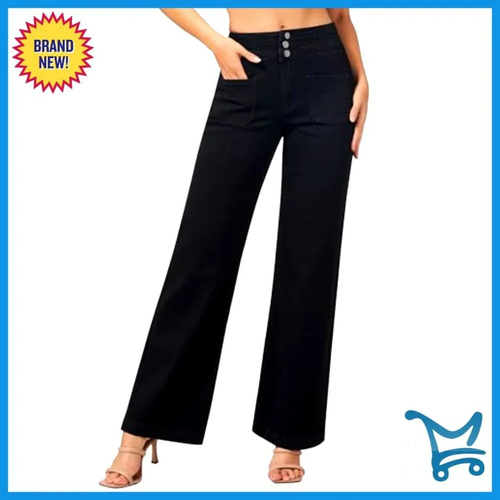 Wide Leg Jeans High Waist Stretchy Loose Denim Pants Y2K Retro Chic - Picture 4 of 7